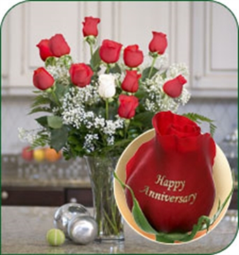 12 Roses - Happy Anniversary (11 Red, 1 White)